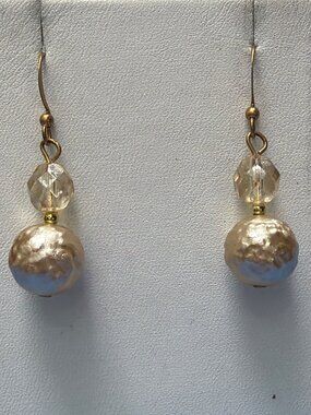 Vintage Gold Tone Dangle Earrings Champagne Faux Textured Pearl Estate 1.5"